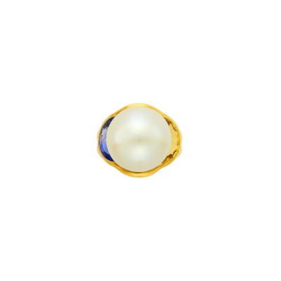 Lot 10 - Gold, South Sea Cultured Button Pearl and Gem-Set Ring, France