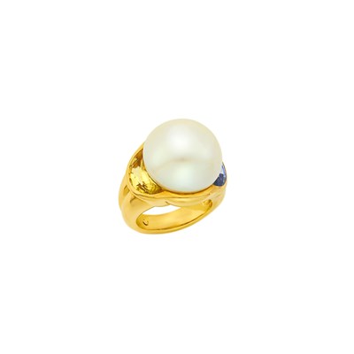 Lot 10 - Gold, South Sea Cultured Button Pearl and Gem-Set Ring, France