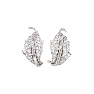Lot 220 - Pair of Platinum and Diamond Leaf Earclips