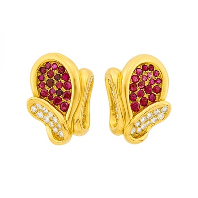 Lot 215 - Cristofol Frères for René Boivin Pair of Gold, Ruby and Diamond Earclips, France