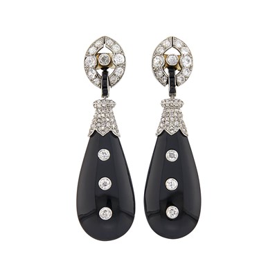 Lot 195 - Pair of Platinum, Black Onyx and Diamond Pendant-Earrings, France