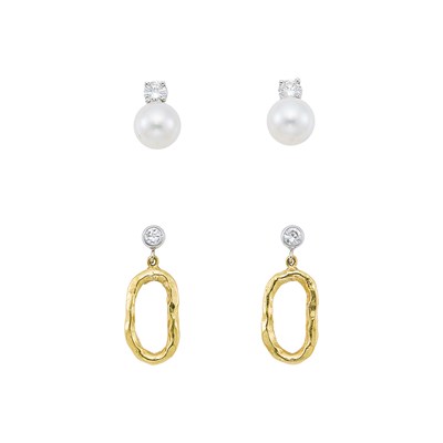 Lot 1190 - Pair of White Gold, Cultured Pearl and Diamond Earrings and Pair of Gold and Diamond Pendant-Earrings