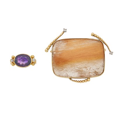 Lot 1286 - Gold and Rutilated Quartz and Diamond Brooch and Amethyst and Diamond Ring
