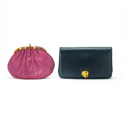 Lot 183 - Judith Leiber Two Navy and Pink Lizard and Multicolored Stone Bags