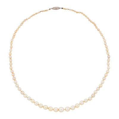 Lot 1051 - Natural Pearl Necklace with Platinum and Diamond Clasp