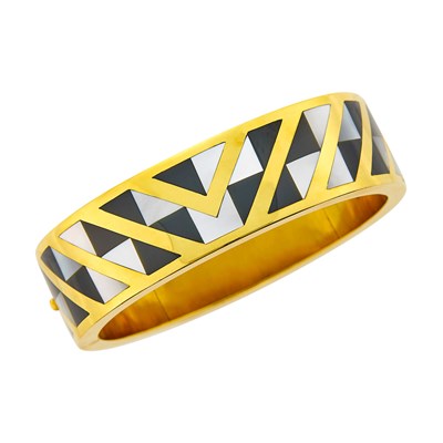 Lot 16 - Tiffany & Co. Gold, Black Jade and Mother-of-Pearl Bangle Bracelet