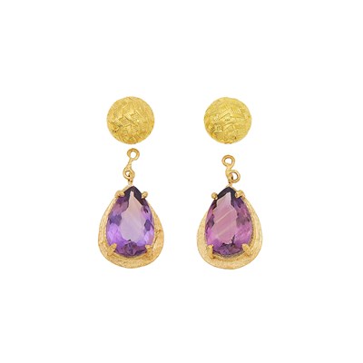 Lot 1241 - Pair of Two-Color Gold and Amethyst Pendant-Earrings