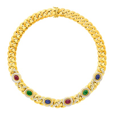 Lot 122 - Two-Color Gold, Cabochon Colored Stone and Diamond Curb Link Necklace