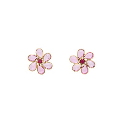 Lot 2061 - Pair of Gold, Pink Sapphire and Ruby Flower Earrings