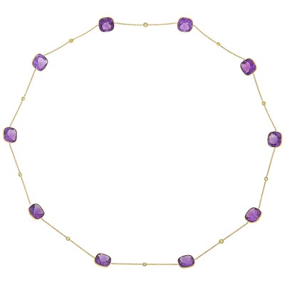 Lot 1033 - Long Gold, Amethyst and Colored Diamond Chain Necklace