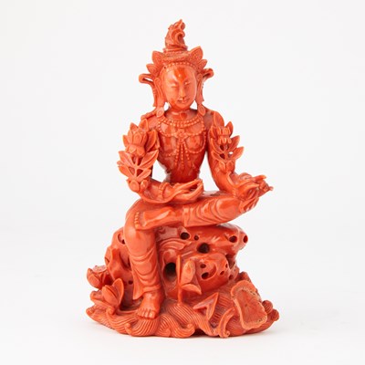 Lot 11 - A Chinese Coral Carving of a Bodhisattva