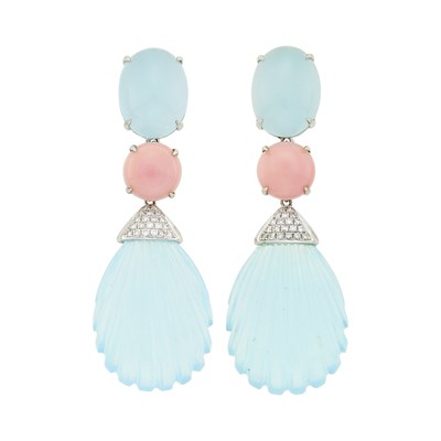 Lot 53 - Pair of White Gold, Cabochon and Carved Aquamarine, Pink Coral and Diamond Pendant-Earclips