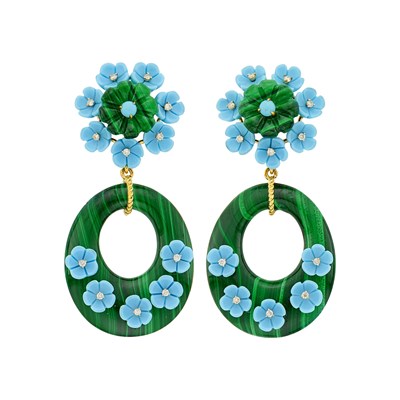 Lot 108 - Pair of Gold, Malachite, Carved Turquoise and Diamond Pendant-Earclips