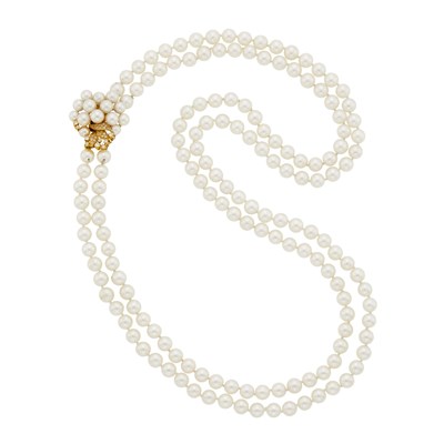 Lot 122 - Long Double Strand Cultured Pearl Necklace with Gold, Cultured Pearl and Diamond Clasp