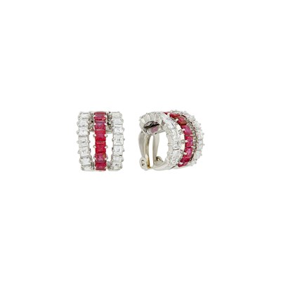 Lot 82 - Pair of Platinum, Ruby and Diamond Half-Hoop Earclips