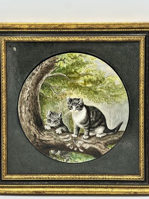 Lot 1100 - Continental Painted Porcelain Plaque of Kittens on a Tree Branch