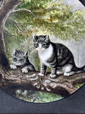 Lot 1100 - Continental Painted Porcelain Plaque of Kittens on a Tree Branch