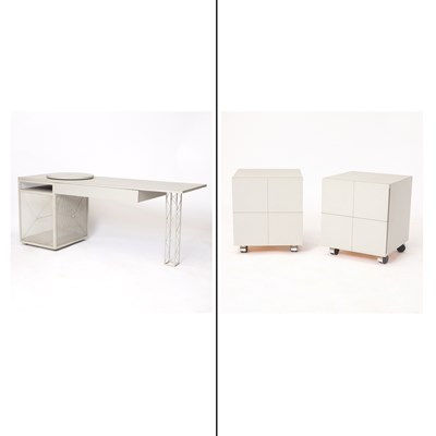 Lot 267 - Custom Metal and Laminate Desk and Pair of Cube Rolling Cabinets