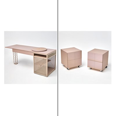 Lot 266 - Custom Metal and Laminate Desk and Pair of Cube Rolling Cabinets