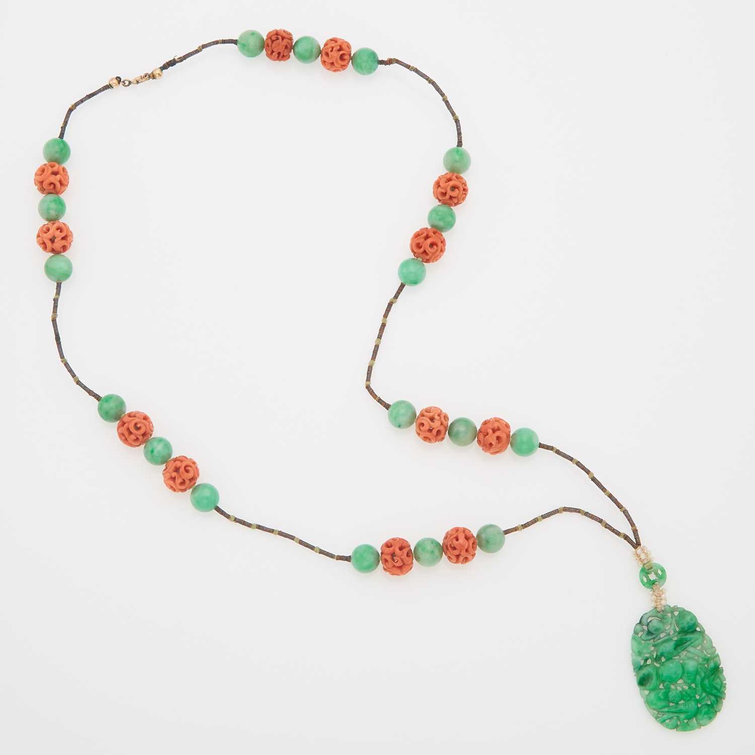Lot 13 - A Chinese Jadeite and Coral Necklace
