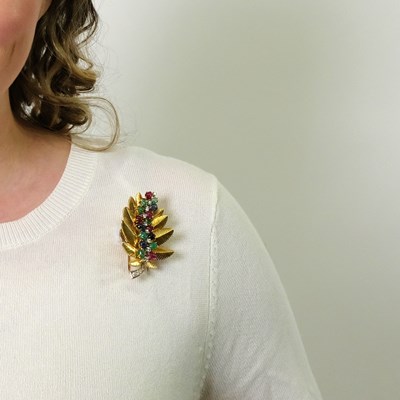 Lot 93 - Boucheron Paris Gold, Platinum, Carved Colored Stone and Diamond Leaf Clip-Brooch