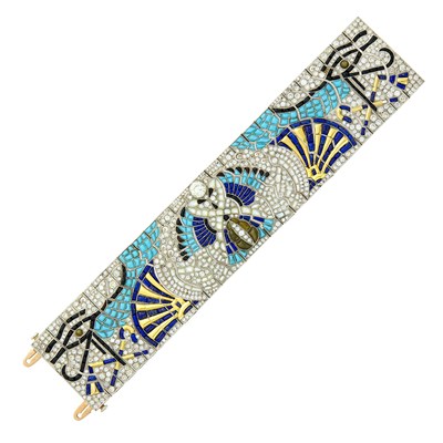 Lot 198 - Wide Platinum, Gold, Turquoise, Lapis, Black Onyx, Moonstone and Diamond Bracelet