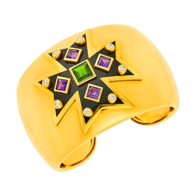 Lot 209 - Verdura Gold, Colored Stone, Black Enamel and Diamond 'Maltese Cross' Cuff Bangle Bracelet