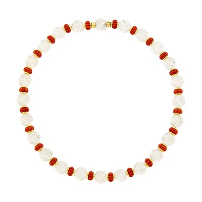 Lot 4 - Bulgari Gold, Fluted Rock Crystal and Coral Bead Necklace
