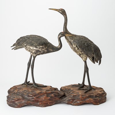 Lot 355 - A Japanese Silvered Metal Okimono of Cranes