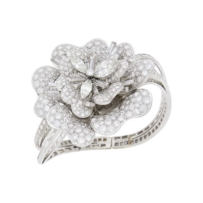 Lot 221 - Platinum and Diamond Corsage Bangle Bracelet