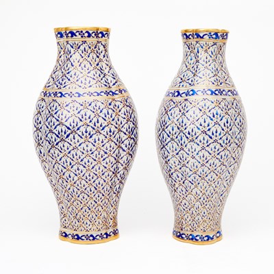 Lot 163 - Pair of Continental Gilt-Decorated Blue and White Quatrefoil Porcelain Vase