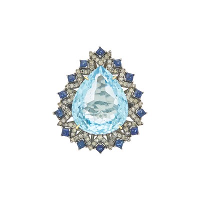 Lot 3274 - Blackened Silver, Aquamarine, Diamond and Sapphire Ring