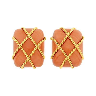 Lot 7 - Seaman Schepps Pair of Gold and Coral 'Caged' Earclips