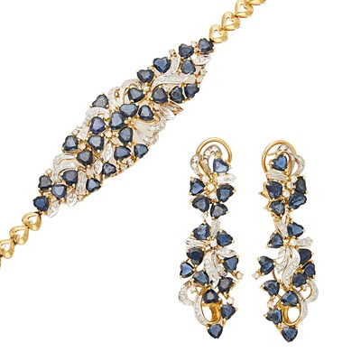 Lot 2296 - Two-Color Gold, Diamond and Sapphire Bracelet and Pair of Pendant-Earrings