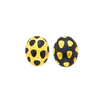 Lot 94 - Tiffany & Co. Pair of Gold and Black Jade 'Positive-Negative' Earrings