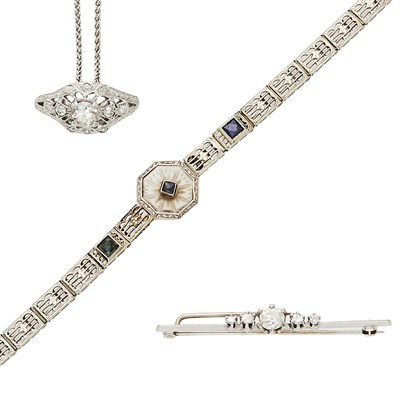 Lot 2289 - White Gold, Carved Frosted Rock Crystal and Synthetic Sapphire Bracelet, Platinum and Diamond Pin and Pendant with White Gold Chain Necklace