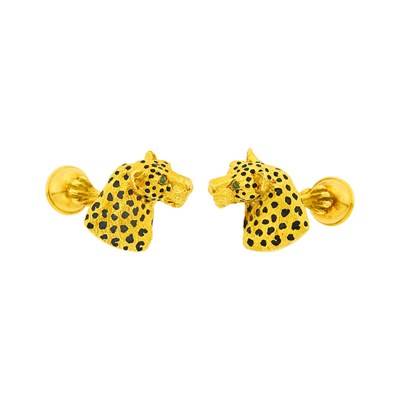 Lot 27 - Tiffany & Co. Pair of Gold, Black Enamel and Emerald Leopard Cufflinks