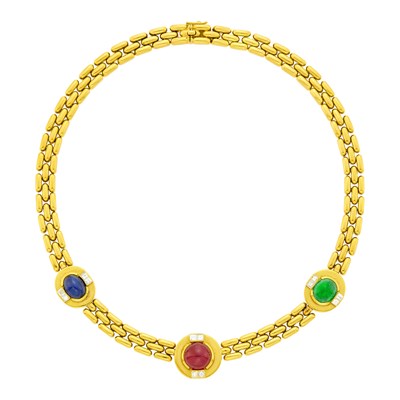 Lot 14 - Gold, Cabochon Colored Stone and Diamond Bar Link Necklace