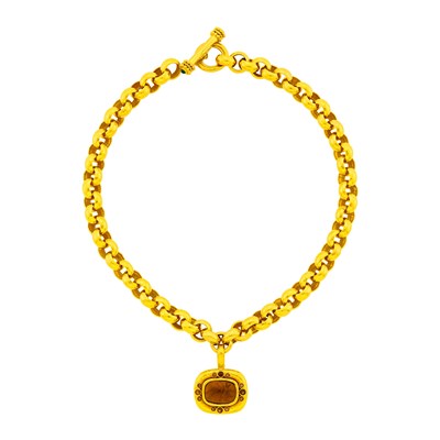 Lot 1152 - Elizabeth Locke Hammered Gold, Brown Glass Intaglio, Mother-of-Pearl and Smoky Quartz Enhancer Pendant with Link Necklace
