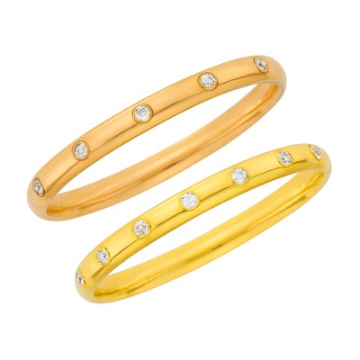 Lot 1030 - Pair of Antique Yellow and Rose Gold and Diamond Bangle Bracelets