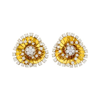 Lot 212 - Pair of Gold, Platinum and Diamond 'Tourbillon' Earclips
