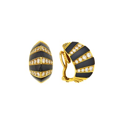 Lot 168 - Pair of Gold, Black Onyx and Diamond Half-Hoop Earclips