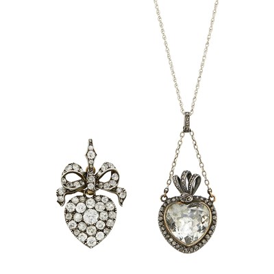 Lot 73 - Antique Silver, Gold and Diamond Heart Pendant and Rock Crystal and Diamond Heart Pendant with Chain