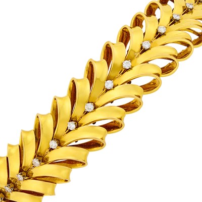 Lot 216 - Wide Gold and Diamond Ribbon Bracelet