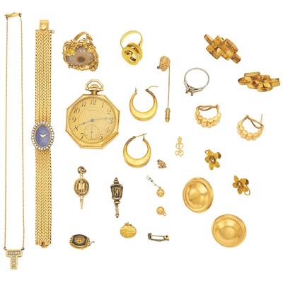 Lot 2035 - Group of Gold, Low Karat Gold, Gold-Filled and Metal Jewelry, Pocket Watch and One United States Banknote