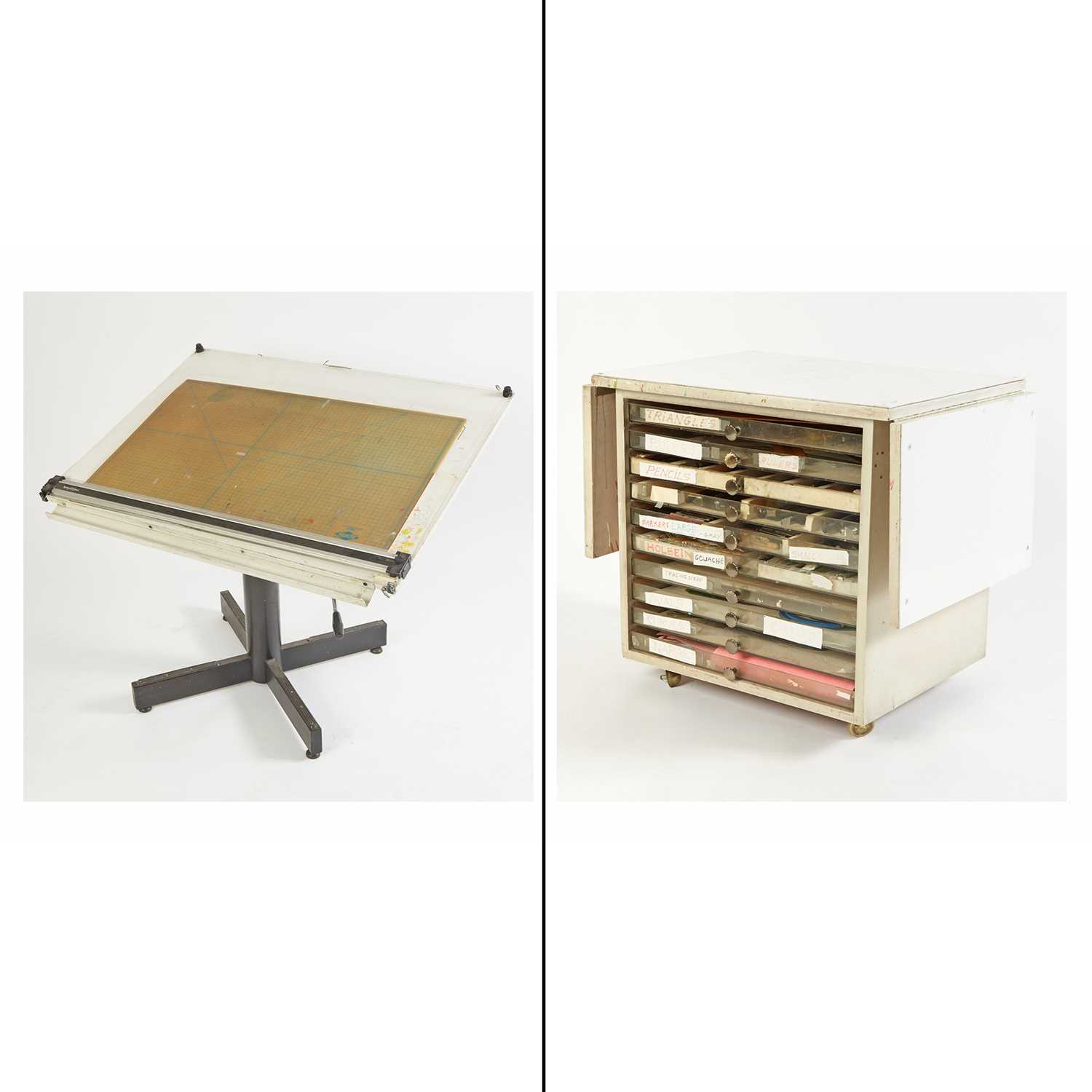 Lot 453 - Al Jaffee's drafting table, side table, and a group of his art supplies from his studio