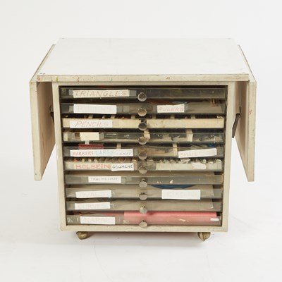 Lot 453 - Al Jaffee's drafting table, side table, and a group of his art supplies from his studio