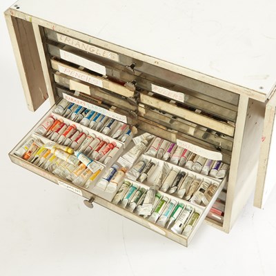 Lot 453 - Al Jaffee's drafting table, side table, and a group of his art supplies from his studio