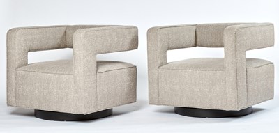 Lot 321 - Pair of Upholstered Swivel Armchairs with Cutout Arms