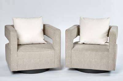 Lot 321 - Pair of Upholstered Swivel Armchairs with Cutout Arms